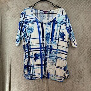 Beverly Drive Womens 2x T Shirt White Blue Floral Short Sleeve V Neck Art Boho